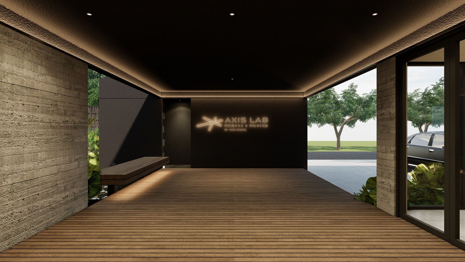 Empty AxisLab training hall at night